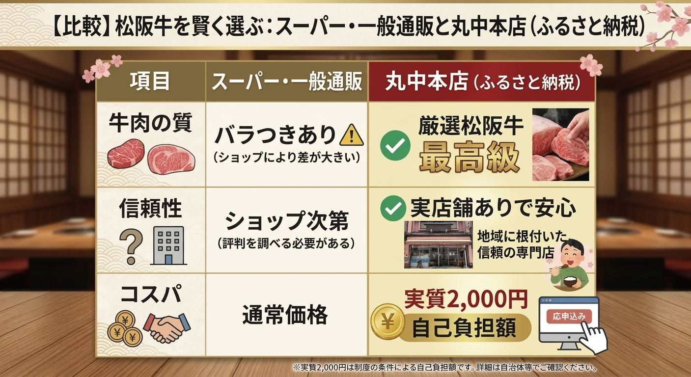 【比較】松阪牛を賢く選ぶ:スーパー・一般通販と丸中本店(ふるさと納税)