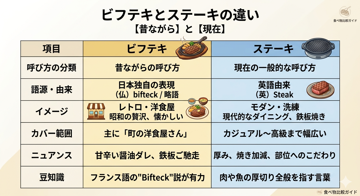ステーキとビフテキの比較