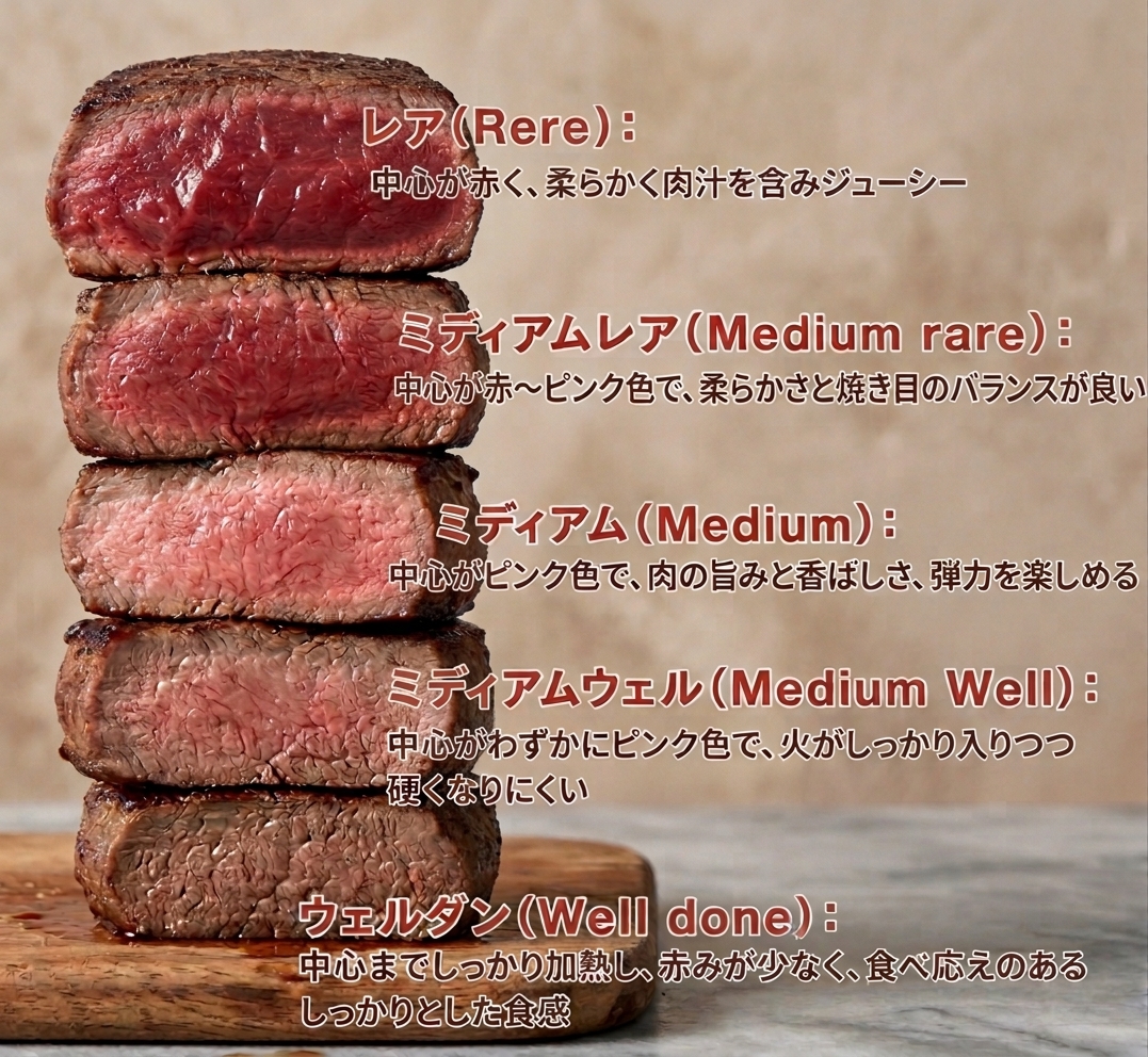 ステーキの焼き加減一覧